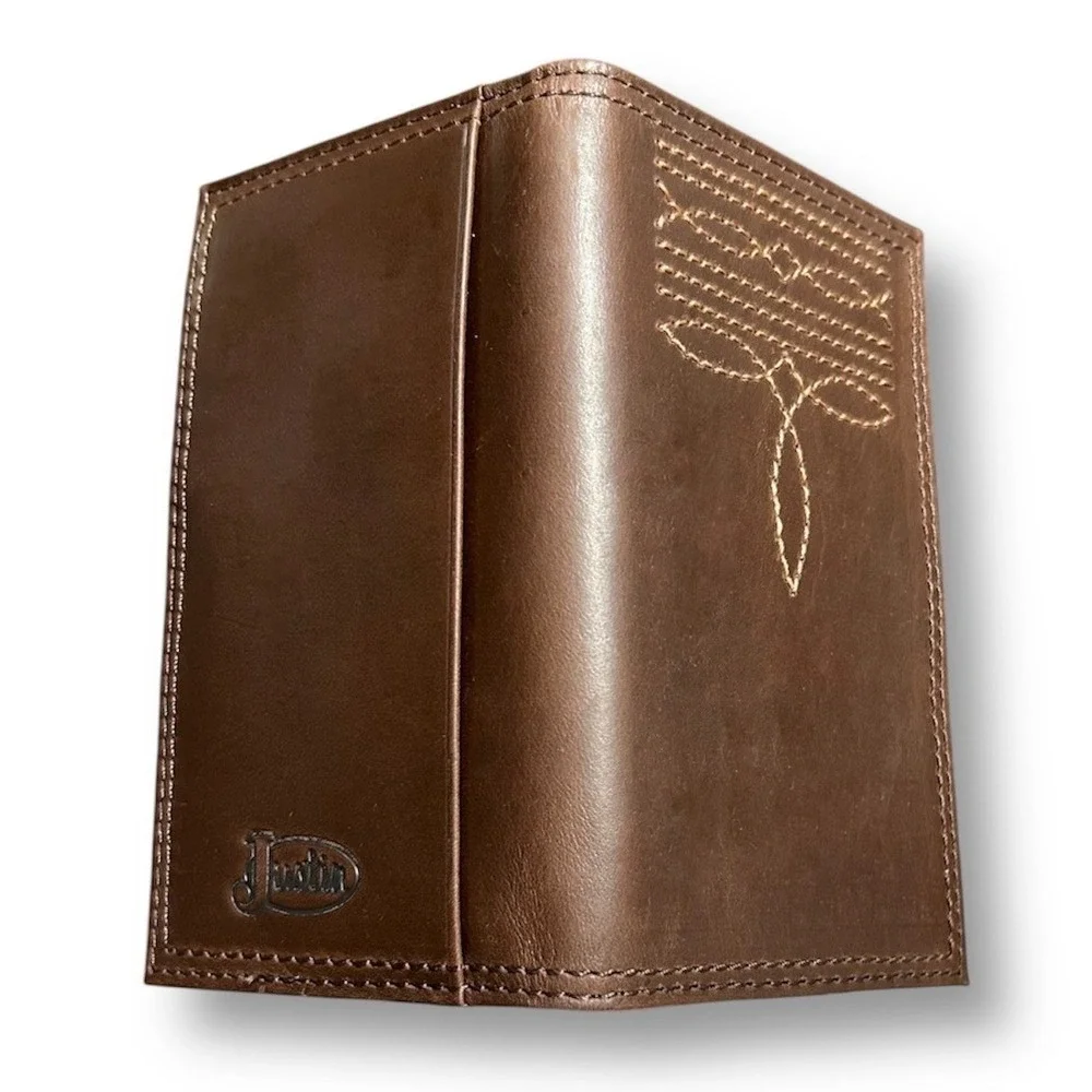 New Justin Jr Rodeo Wallet Brown Genuine Leather RFID Western Boot Stitch Detail